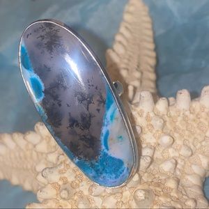 Marine Dendritic Blue natural gemstone elongated ring